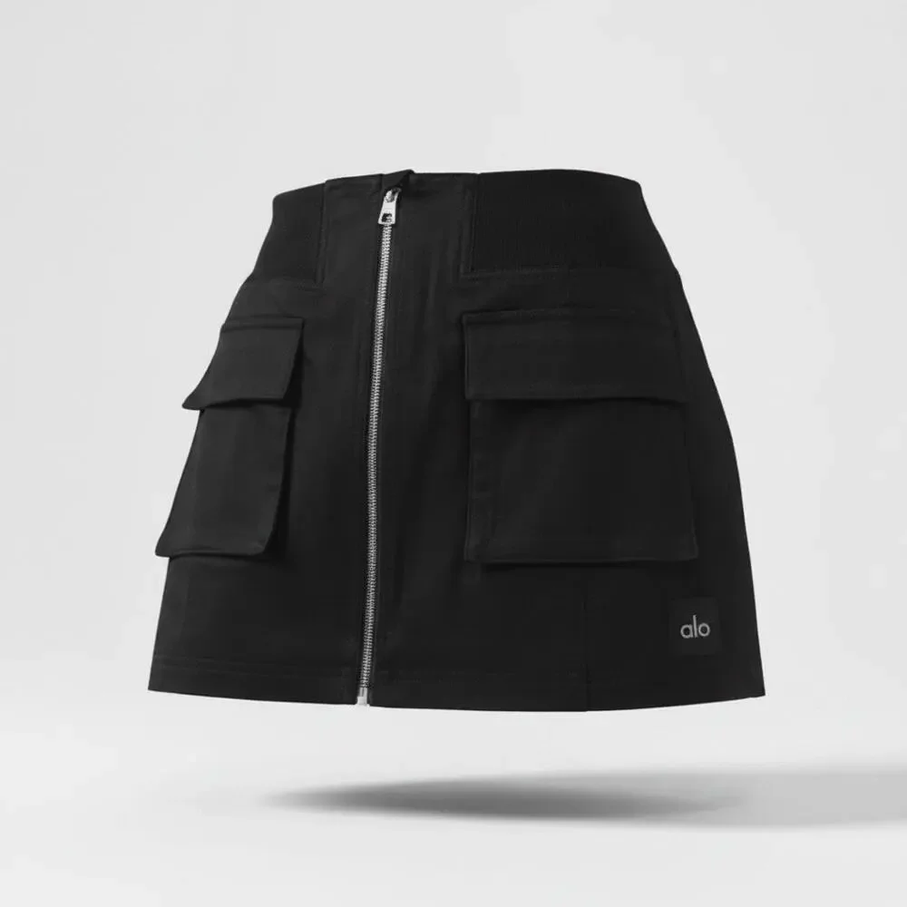 Alo Yoga Night Out Cargo Skirt Black Front Zip Cargo Mini Skirt Size S